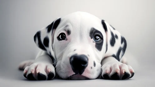 Gentle dalmatian puppy resting with big hopeful eyes.
