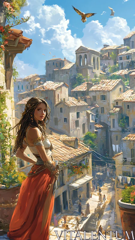 Young woman surveys sunlit Mediterranean hill town