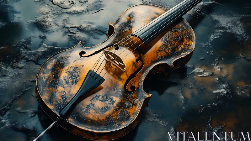 Ornate violin rests on molten, reflective dark surface.