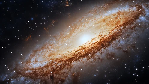 Spiral galaxy core blazing with copper dust lanes in space.