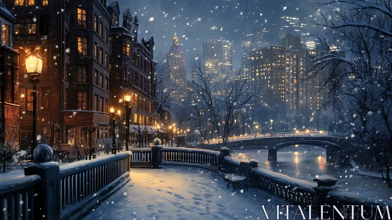 Snowy riverside cityscape under warm lamplight glow.