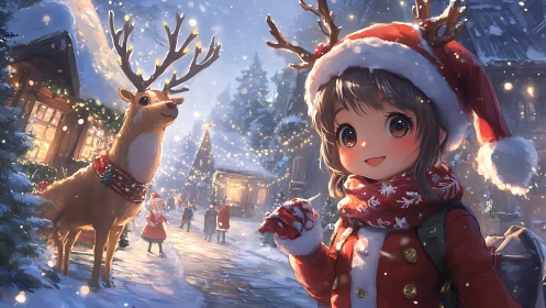 Anime winter village scene with festive child and reindeer focus.