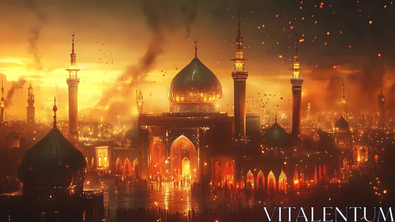 Islamic Cityscape Rendered in Dramatic Golden Illumination and Atmospheric Fire