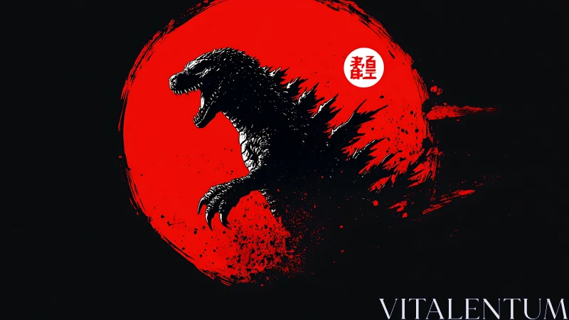 Kaiju silhouette bursting through crimson sun circle.