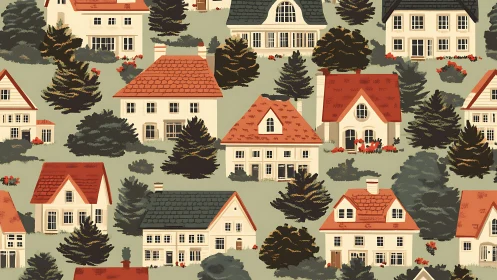 Storybook cottage neighborhood pattern in warm hues.