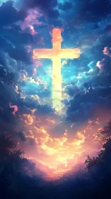 Radiant cross blazing through twilight storm of painted sky.