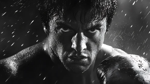 Determined boxer stares down camera under driving rain