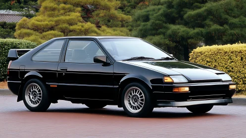Black 1980s hatchback coupe in landscaped outdoor showcase.