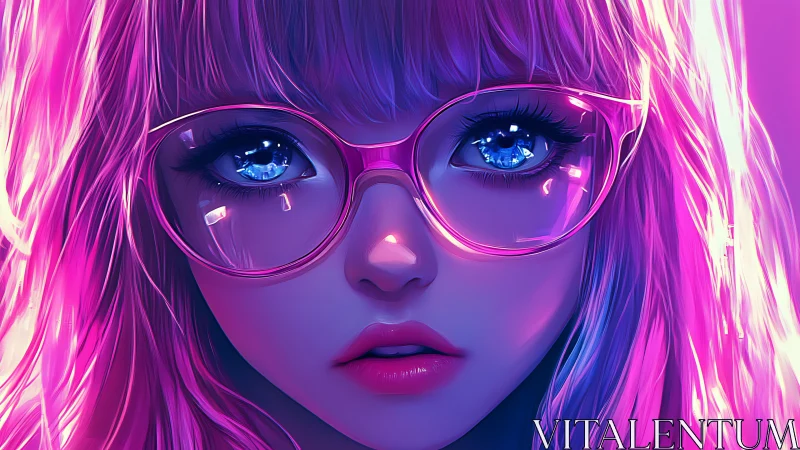 Neon-lit anime portrait renders reflective glasses and eyes