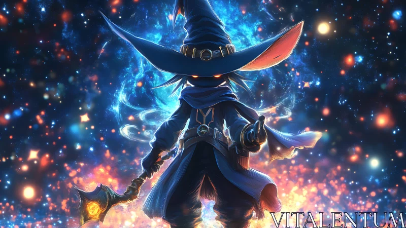 Arcane chibi mage casting spell in cosmic nebula.