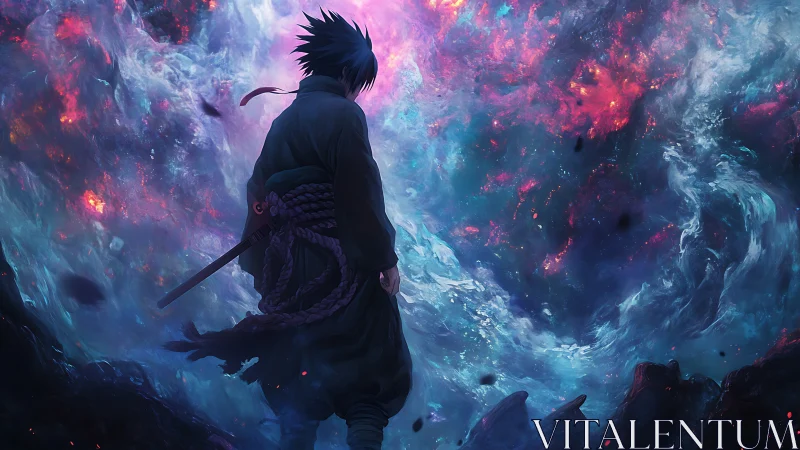 Lone anime swordsman before swirling cosmic storm portal.