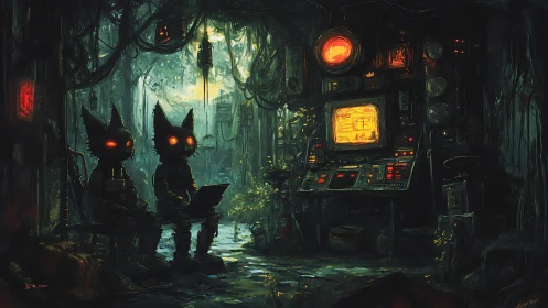 Curious cat explorers in a glowing forest control lab.