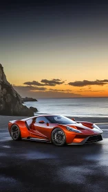 Red supercar reflects sunset glow on wet coastal road.