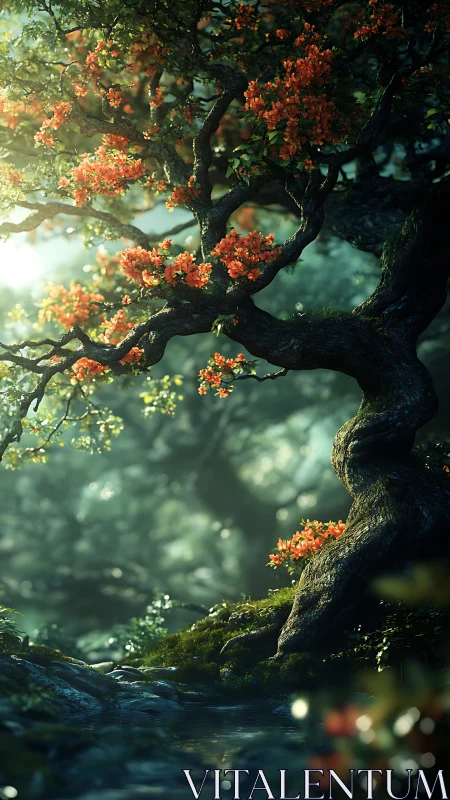 Radiant bokeh-lit woodland tree with twisted trunk geometry.