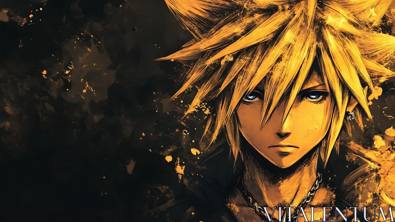 Spiky blonde anime hero portrait with blue eyes on dark splatter