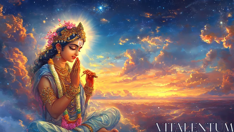 Divine figure meditates in radiant celestial sunset sky