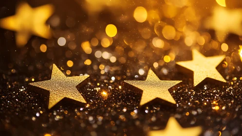 Golden stars rest on glitter surface under warm bokeh glow