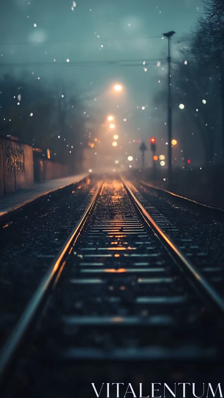 Winter rails glowing softly under distant city lights.