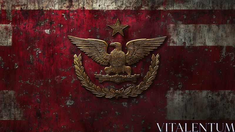 Bronze eagle crest rests on distressed red metal banner