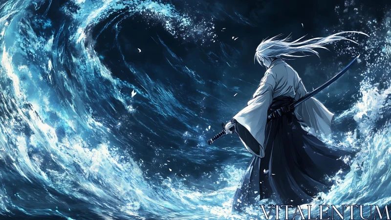 Swordsman stands in turbulent ocean waves with katana drawn
