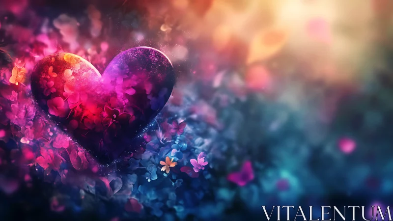 Luminescent Heart Among Flowers in Magenta and Teal Hues.