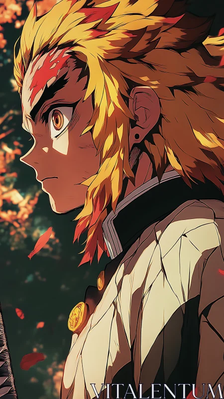 Fire-haired warrior gazes upward through drifting autumn leaves