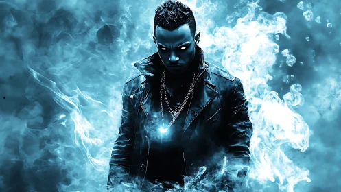 Dark cyberpunk man in glowing blue smoke aura portrait.