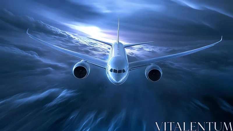 Passenger jet flies head on through dense blue cloud layer