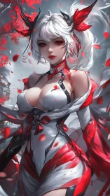 Red and white anime warrior in detailed fantasy armor.