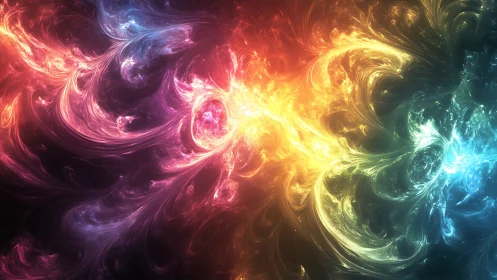 Fractal energy spectrum swirling through prismatic nebula field.
