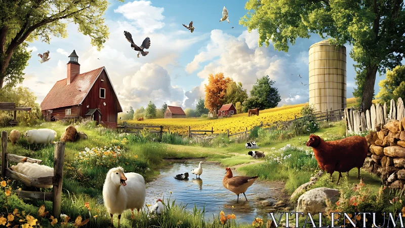 Idyllic rural farmstead rendered in luminous digital painting