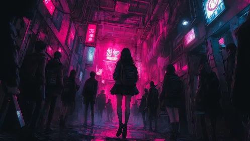 Urban alley crowd under magenta neon signage at night.