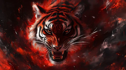 Roaring tiger head emerges from swirling red embers