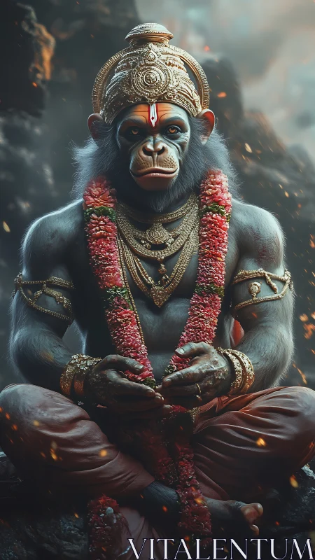 Divine monkey warrior in ornate garlanded meditation pose.
