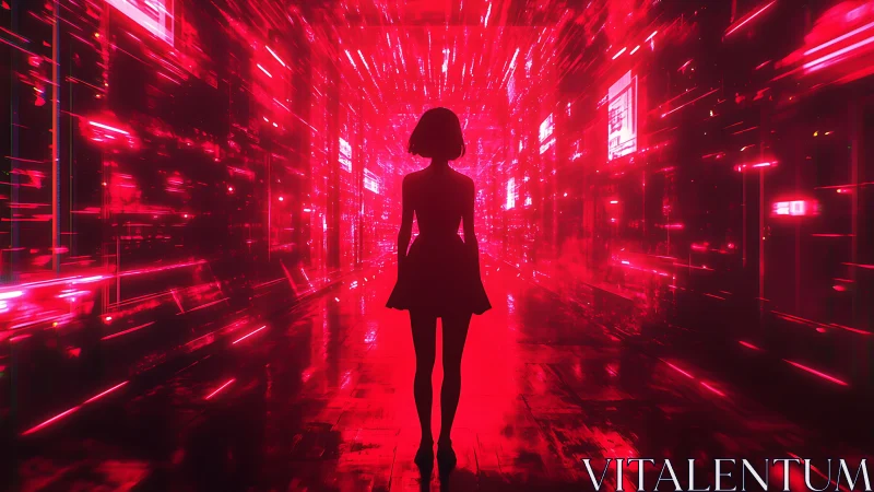 Girl in glowing neon corridor bathed in electric red light.