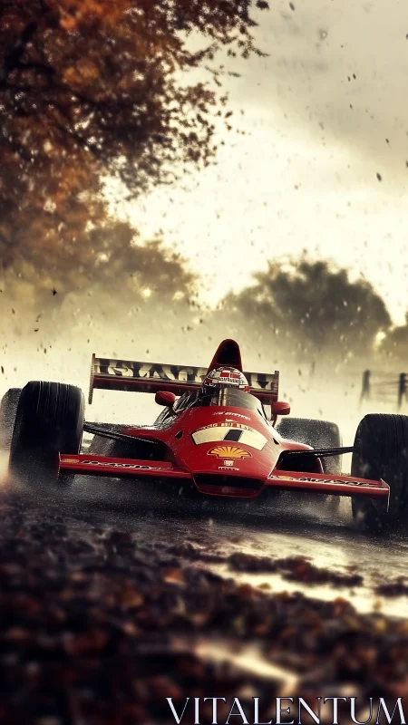 Roaring red race car storms through wet autumn track
