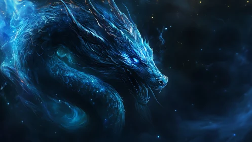 Celestial blue dragon coils through luminous cosmic vapors