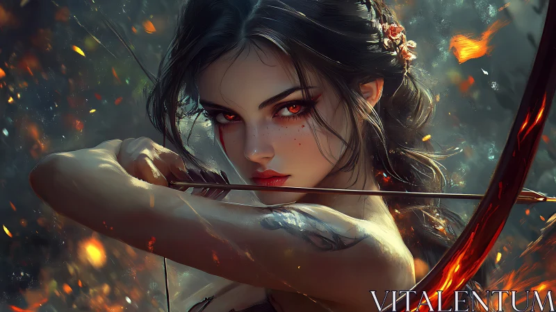 Fiery eyed female archer draws glowing bow in battle