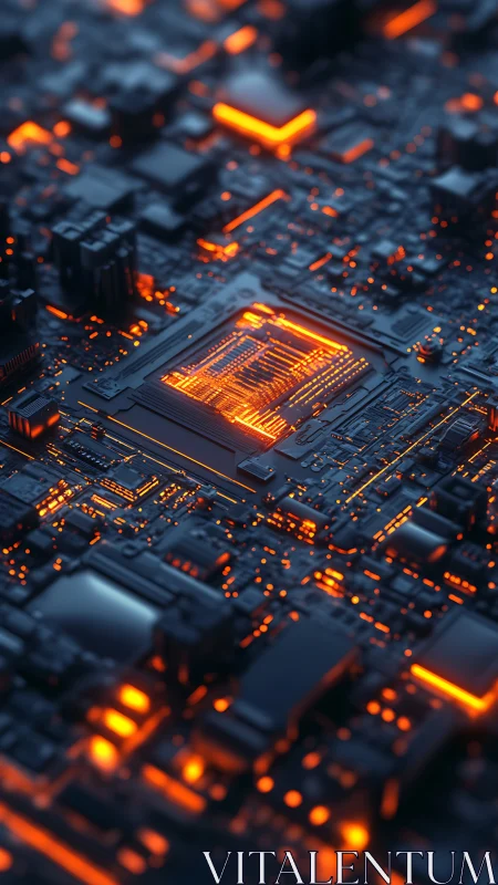Glowing microchip core illuminates dark futuristic circuit board.