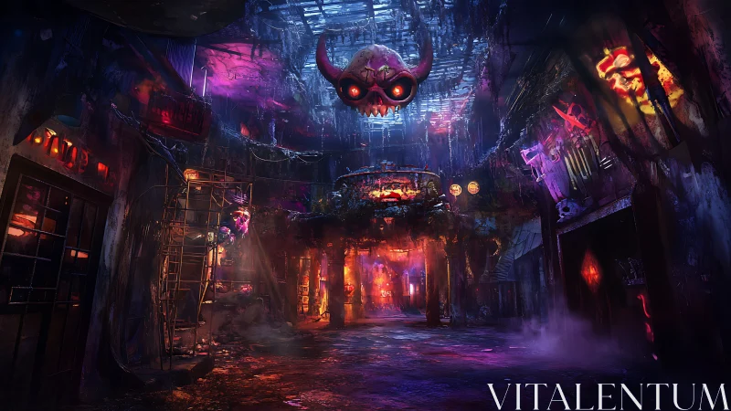 Demonic neon alley with suspended skull overlooking street.