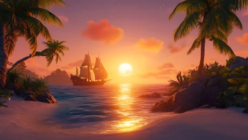 Golden Sunset Over Tropical Paradise With Historic Sailing Ship.