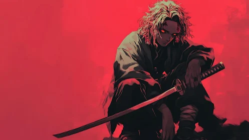 Stoic anime swordsman crouches against intense red field