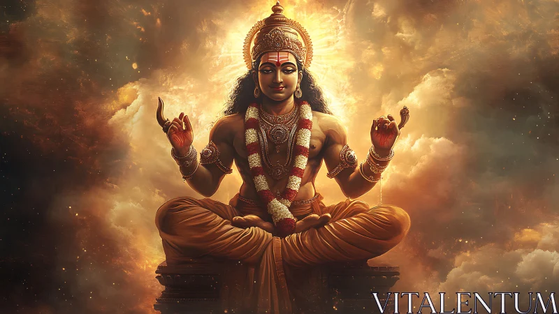 Radiant Hindu deity seated in lotus posture amid glowing clouds