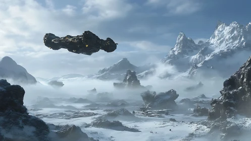 Armored starship crosses glacial valley in cinematic vantage