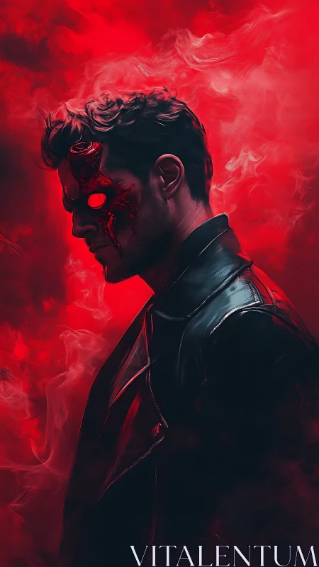 Cyber-noir demon hybrid in red volumetric smoke profile