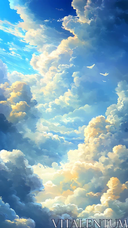 Sunlit towering clouds with bright blue sky and birds.