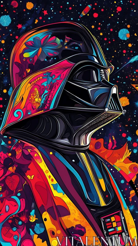 Neon cosmic warrior portrait glows against psychedelic stars