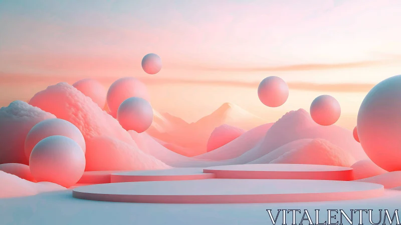 Floating pastel spheres drift over soft sculpted terrains