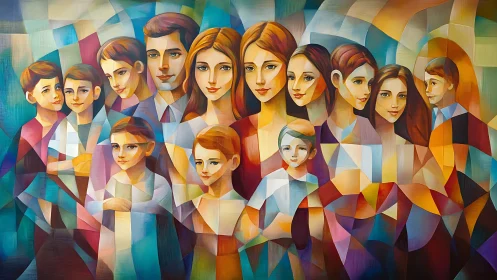 Cubist family portrait with vibrant geometric abstraction.