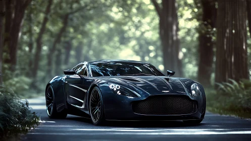 Sleek forest road supercar basking in quiet morning light.